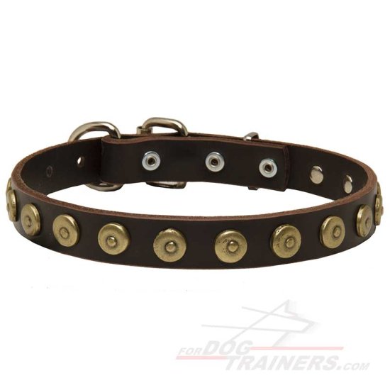 Leather Dog Collar with Brass Dotted Circles for Fashion Walking