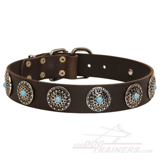 Leather Dog Collar with Blue Stones for Stylish Walking - Click Image to Close