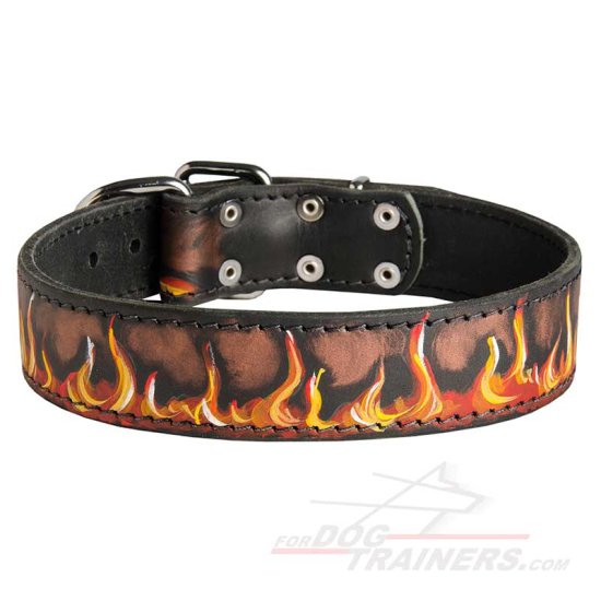 Handpainted Leather Dog Collar with Red Flames