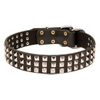 Leather Dog Collar with 3 Rows of Nickel Pyramids