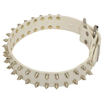 Spiked White Leather Collar for Dog Walking