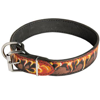 Buckle Leather Dog Collar with Fire Flames for Dog
