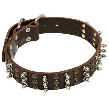 Dog Handmade Leather Collar 3 Studs and Spikes Rows