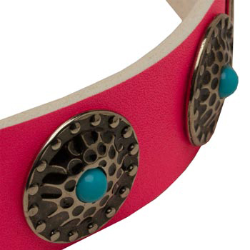 Pink Dog Collar Leather with Blue Stones
