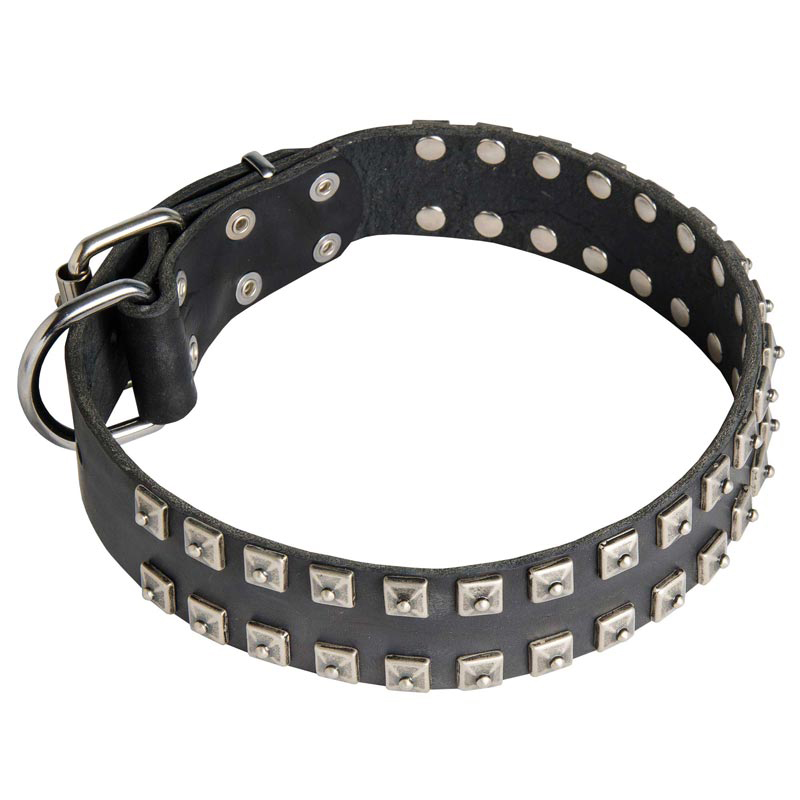 spiked Studded Leather Dog Collar 2"" Wide Silver/Chrome Large Pyramid/Square